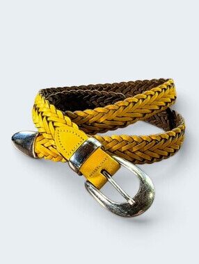 Vintage Capezio Yellow Braided Woven Leather Belt Size S/M Silver Hardware Boho